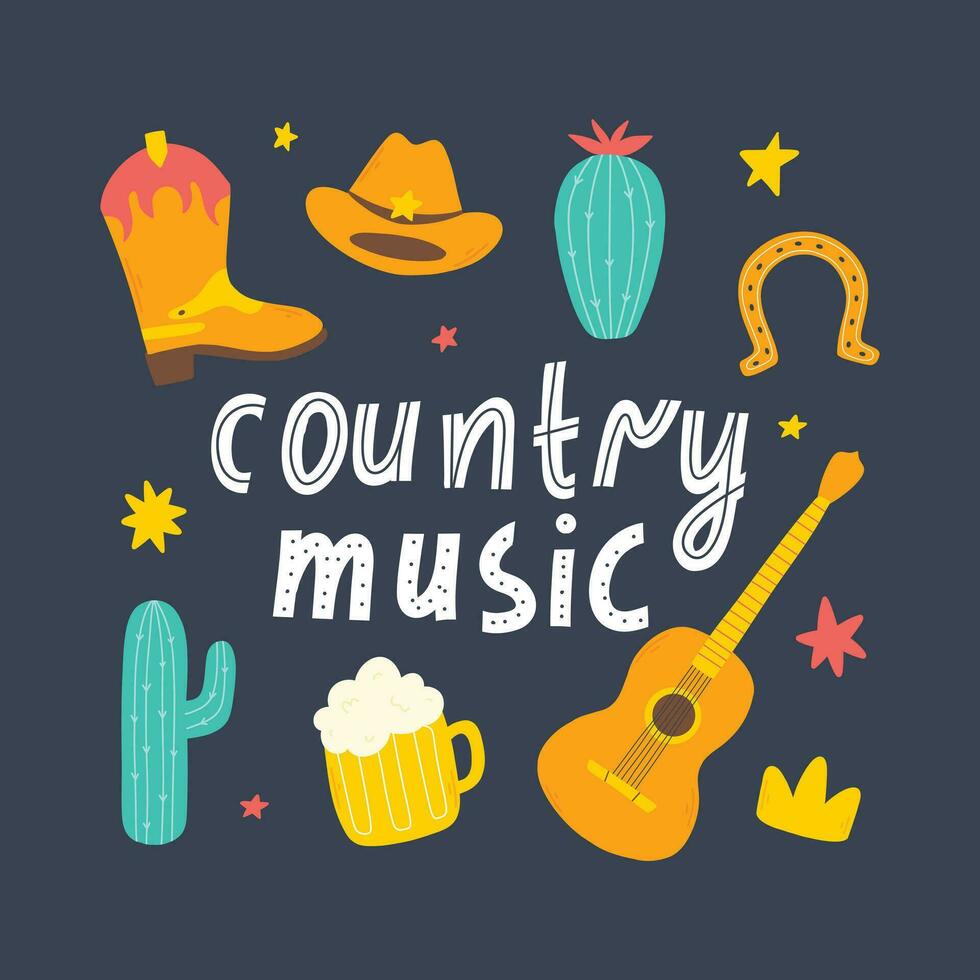 Country music concept.Set of country music elements in hand drawn style. Cowboy music vector illustration.