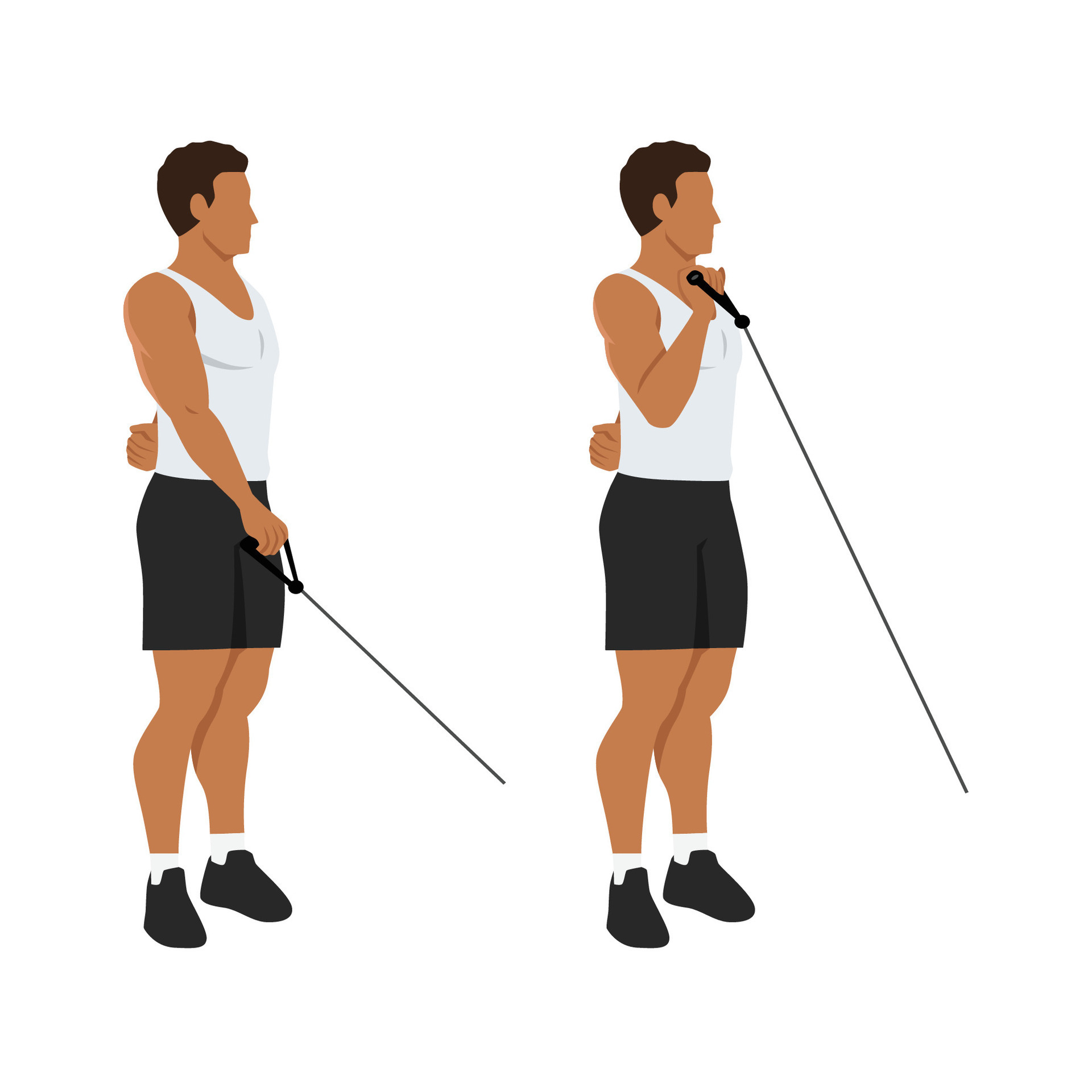 Man doing single arm reverse grip cable bicep curl. Forearm exercise