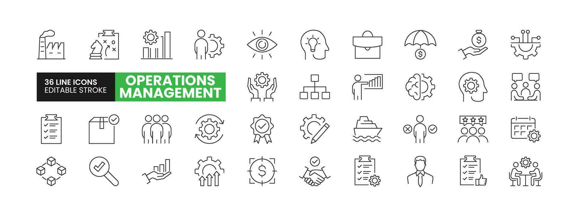 Set of 36 Risk or Operations Management line icons set. Operations Management outline icons with editable stroke collection. Includes Strategy, Work Force, Logistics, Growth, Resources, and More. vector