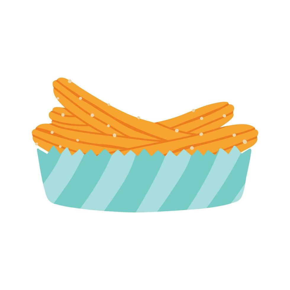 Churros in a paper bag. Mexican snack. Hand drawn flat vector illustration.