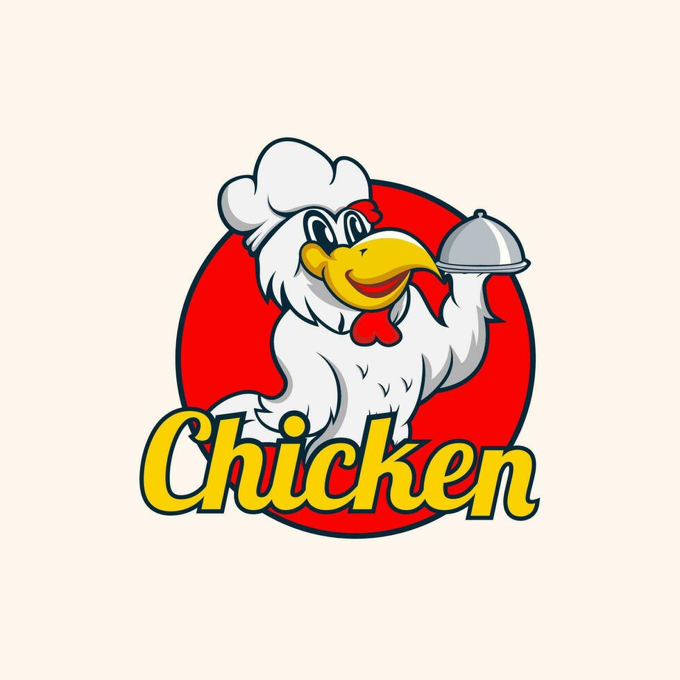 Fried chicken rooster chef mascot logo for food restaurant concept branding in vector cartoon style