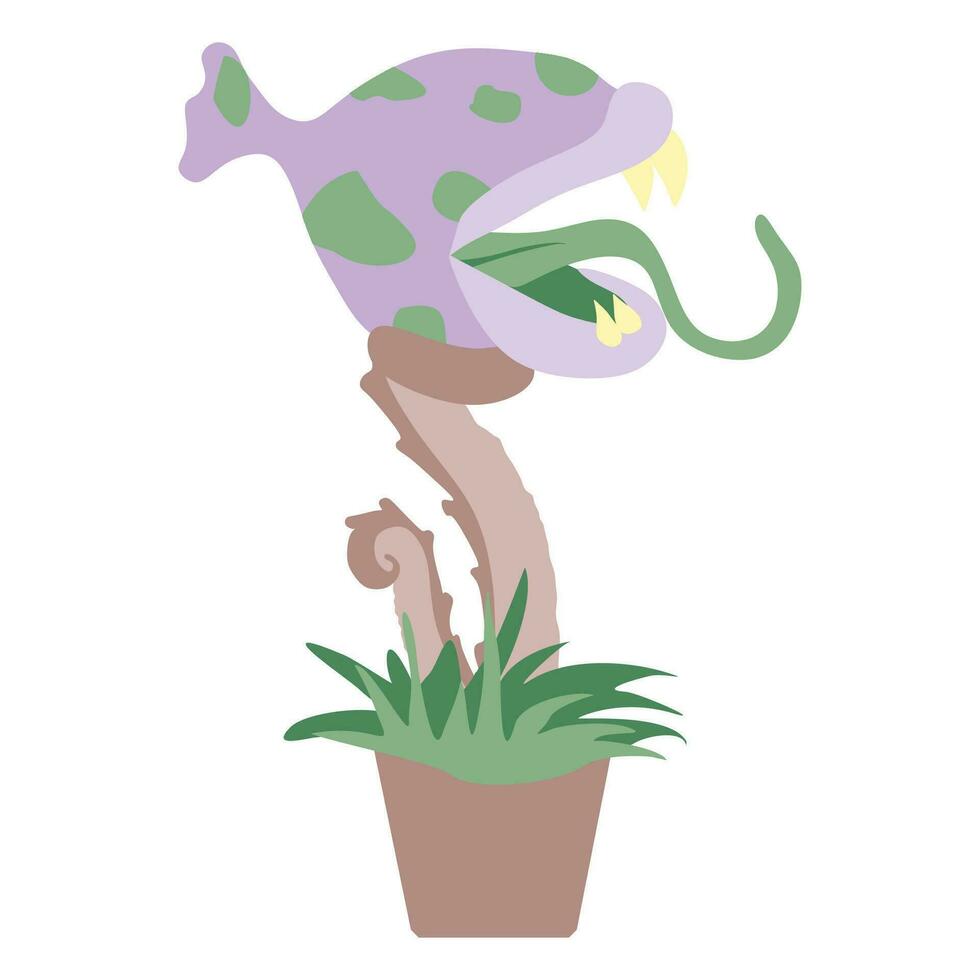 Scary flat sticker of monster plant in Flower pot. Vector Fantasy Botany illustration, Character with Teeth and Tongue. Hand drawn Cartoon Fantastic Design art for Poster, Book, Card, Banner.