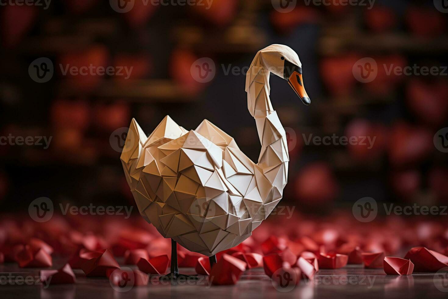 AI generated A Single Origami Swan Featuring a Red Heart Design Against a Minimalist Wooden Background photo