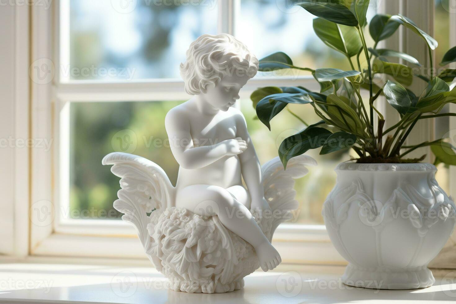 AI generated A smooth ceramic statue of Cupid on a plain white windowsill photo