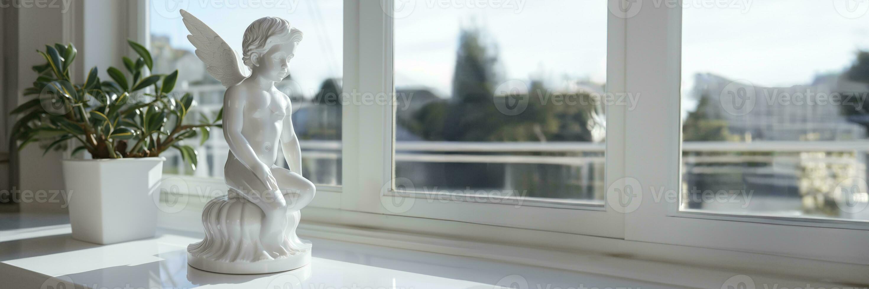 AI generated A Gleaming Ceramic Cupid Figurine on a Pure White Windowsill photo