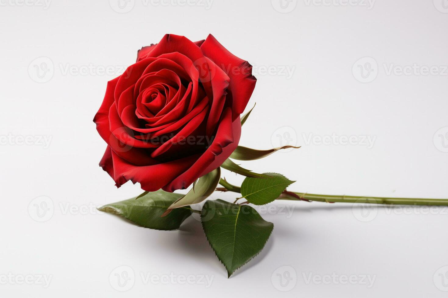 AI generated Solitary Red Rose Placed on a Pristine White Surface photo