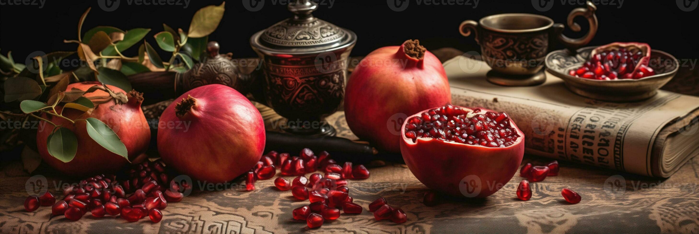 AI generated An Oriental Carpet Adorned with Pomegranates, Figs, and an Antique Inkwell Accompanied by a Romantic Poem photo