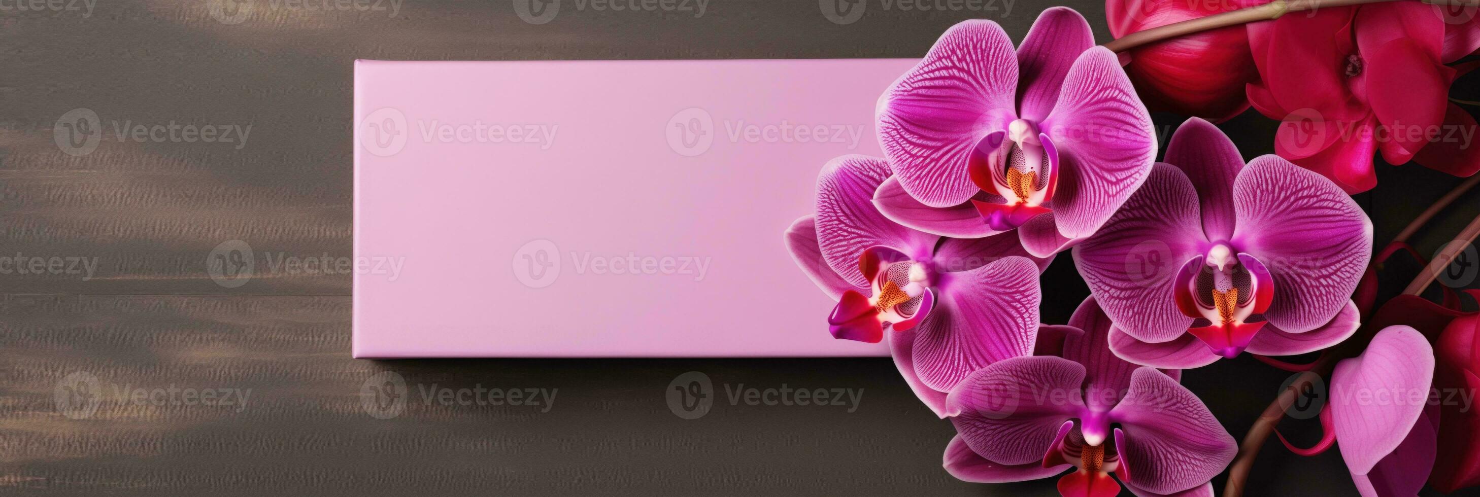 AI generated Velvety Gift Box Featuring an Exotic Orchid and a Blank Card for Valentines Day photo