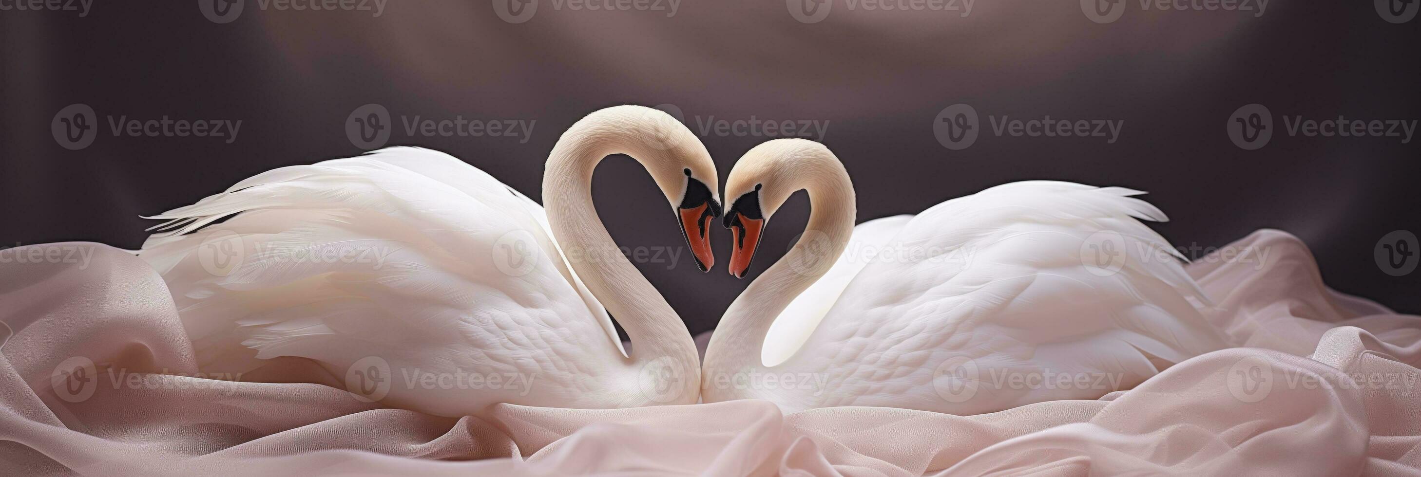 AI generated Graceful Swan Figurines Creating a Heart Amid Gently Folded Silk Cloth photo
