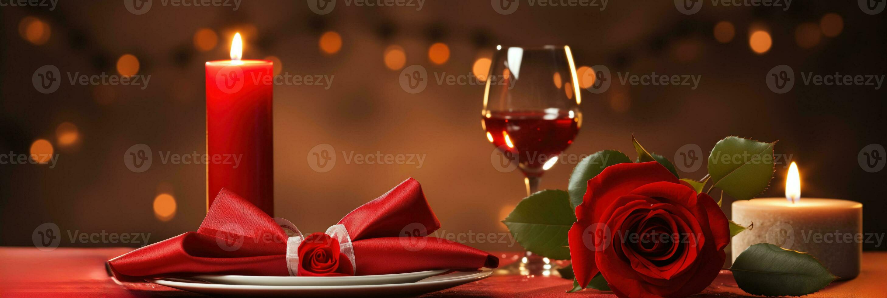 AI generated A candlelit dinner table with a lone red rose for a romantic ambiance photo