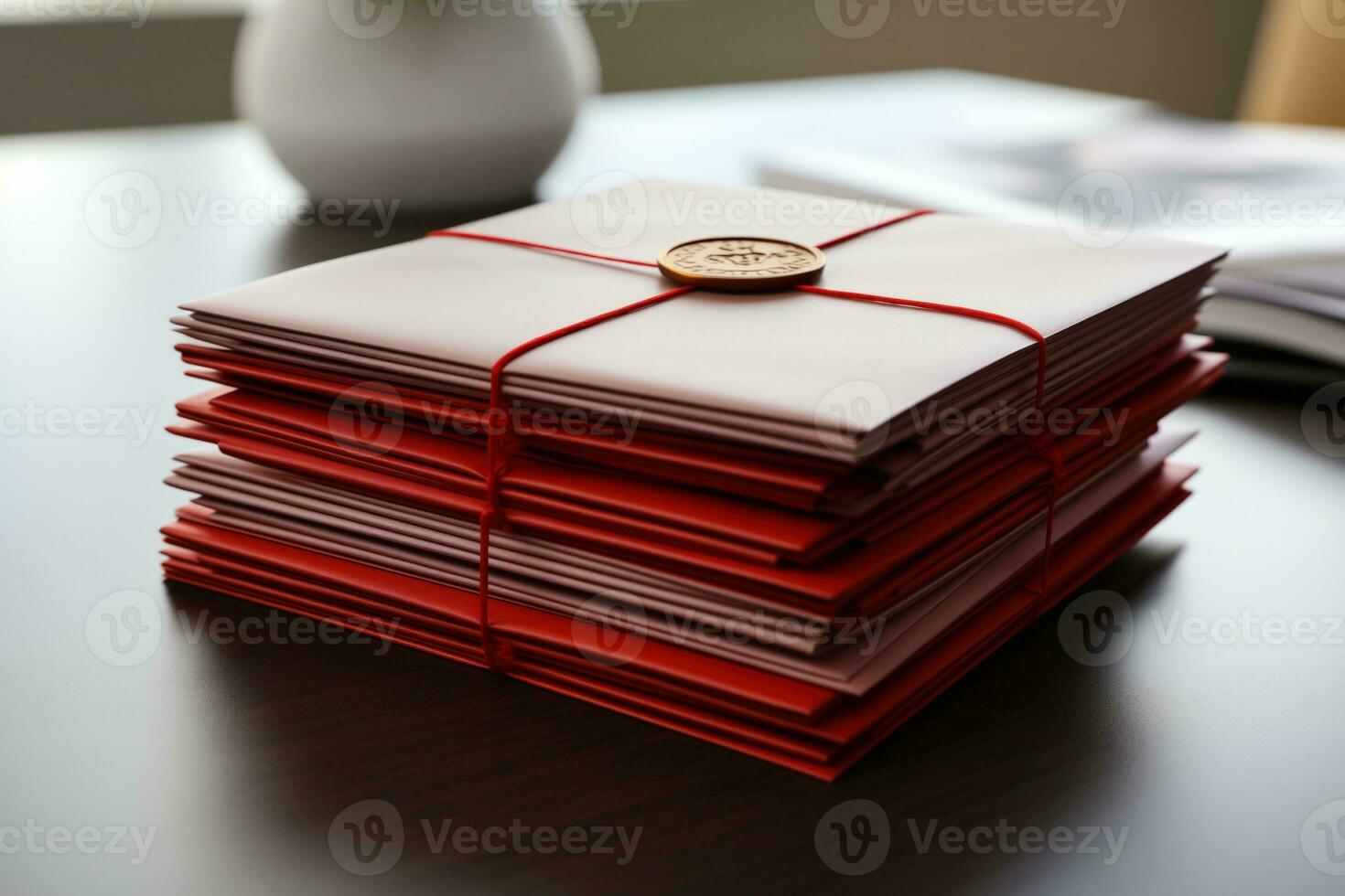 AI generated Black and white pile of romantic letters sealed with red wax on a simple white desk photo