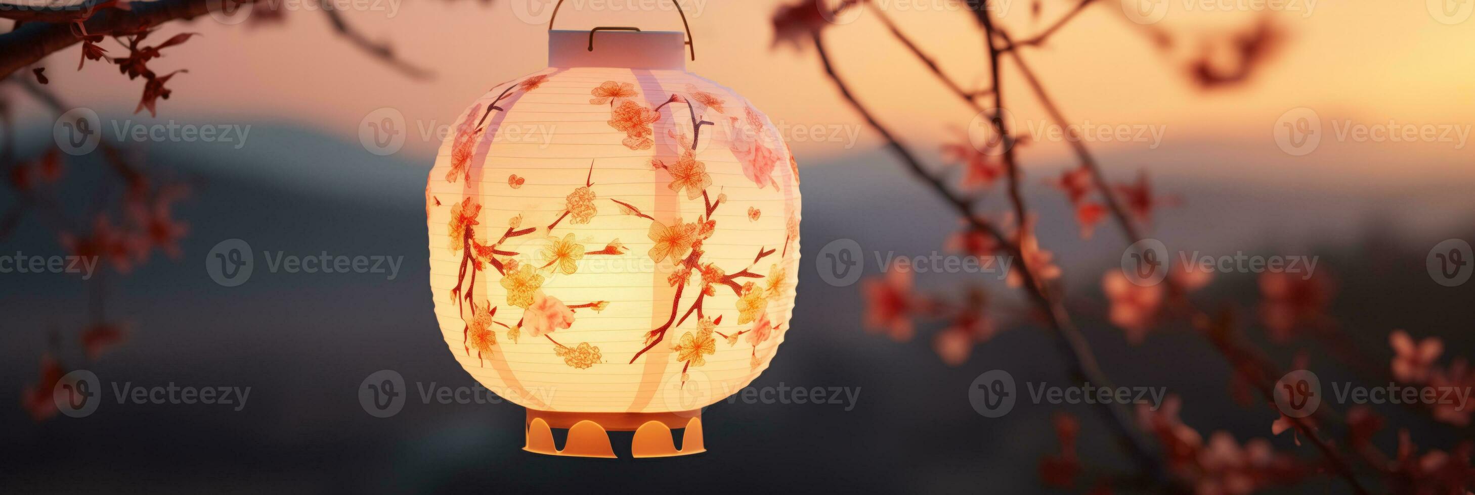 AI generated A Crafted Paper Lantern Featuring Gentle Floral Designs and Emitting a Warm Light Against a Dimming Sky photo