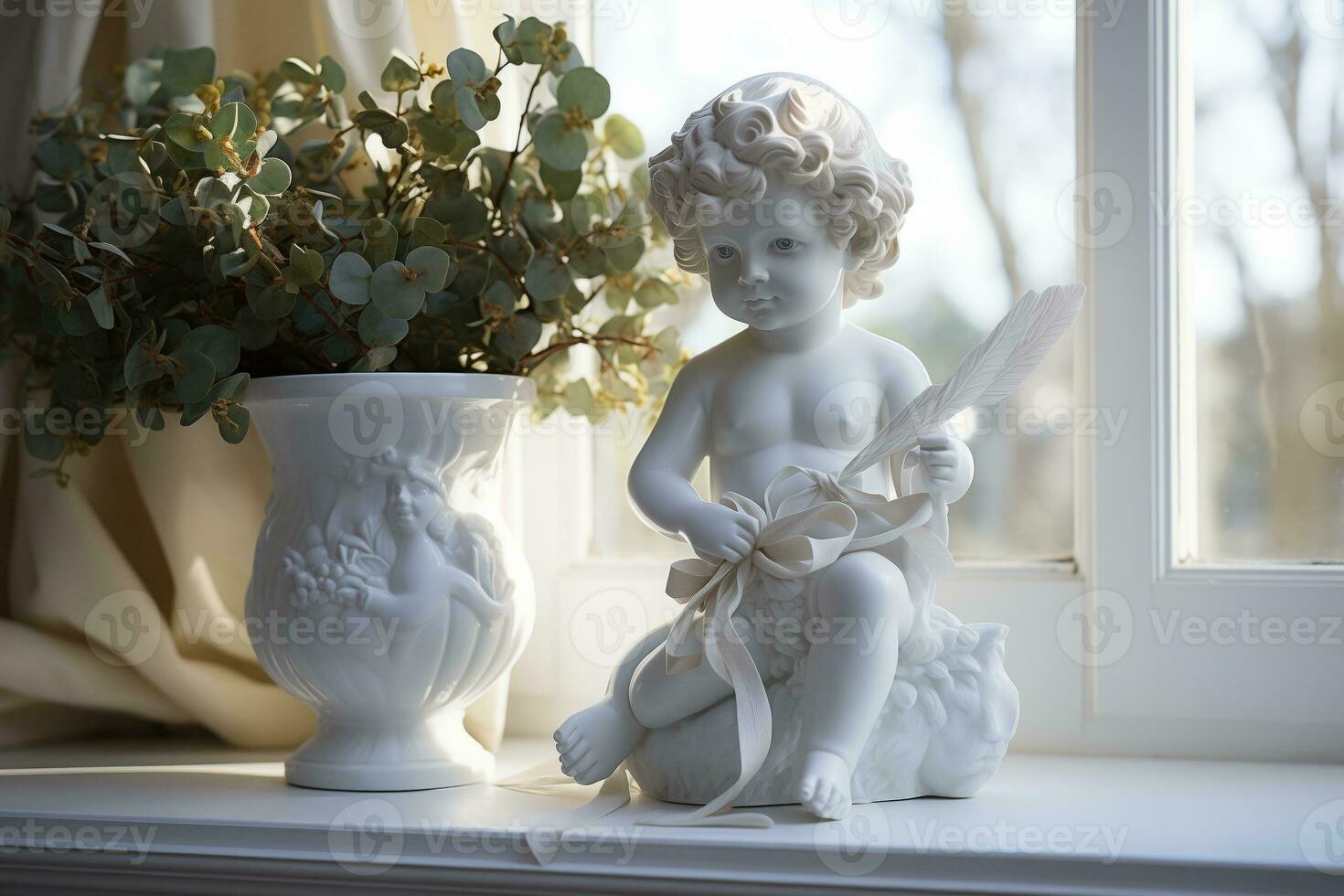 AI generated A Glossy Ceramic Cupid Figurine on a Plain White Windowsill photo