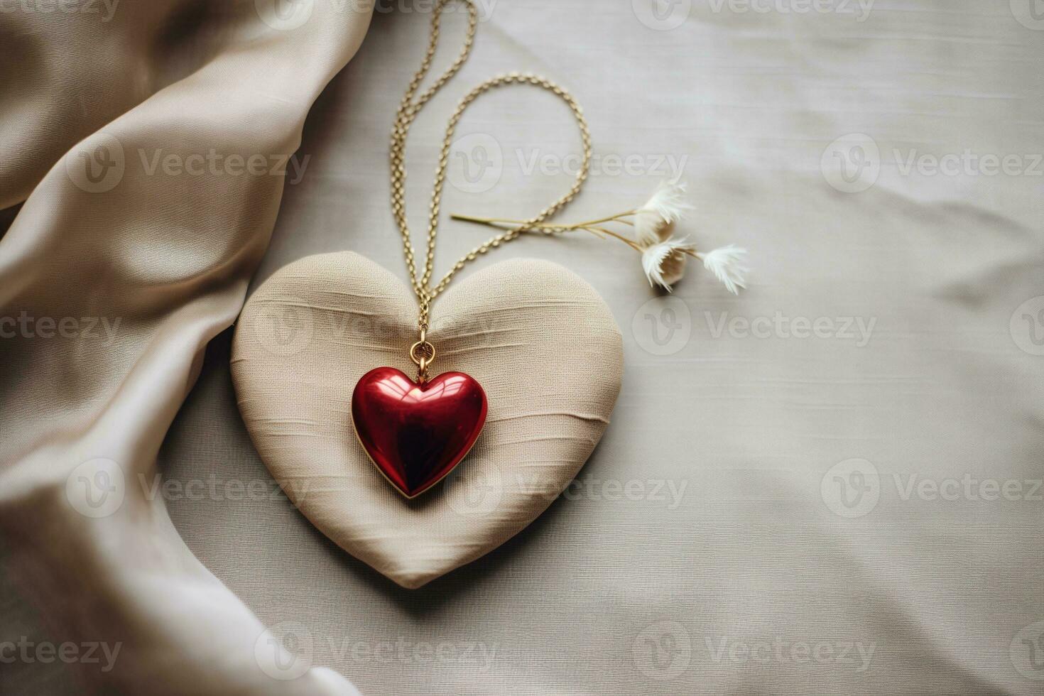 AI generated An elegant heart shaped necklace pendant lying on wrinkled linen paper photo