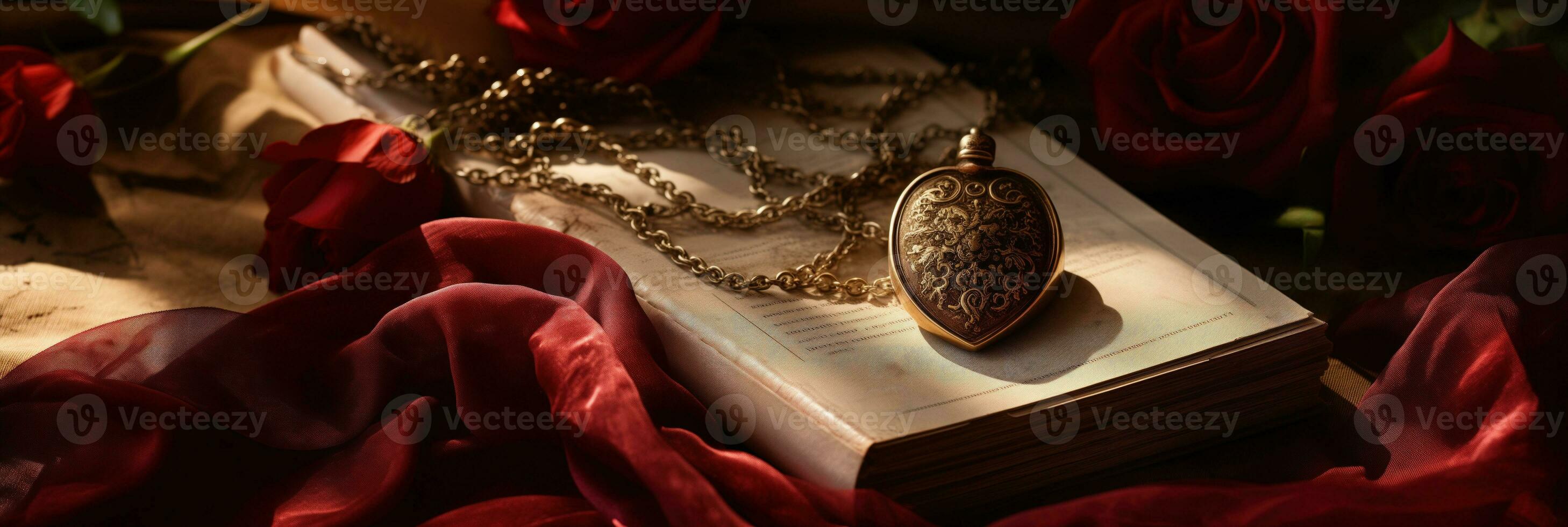 AI generated A Garnet Pendant Resting on a Silk Scarf Amongst Rosebuds and Old Love Letters photo
