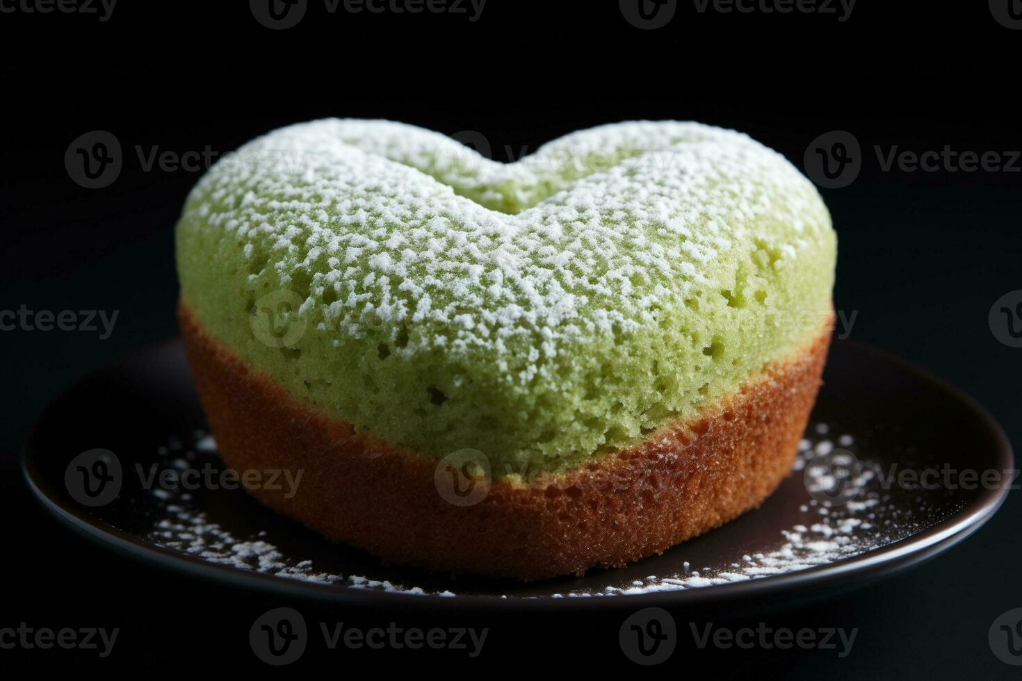 AI generated Sophisticated Pistachio Financier Cake with Heart Outline on a Subtle Emerald Green Backdrop with Space for Text photo