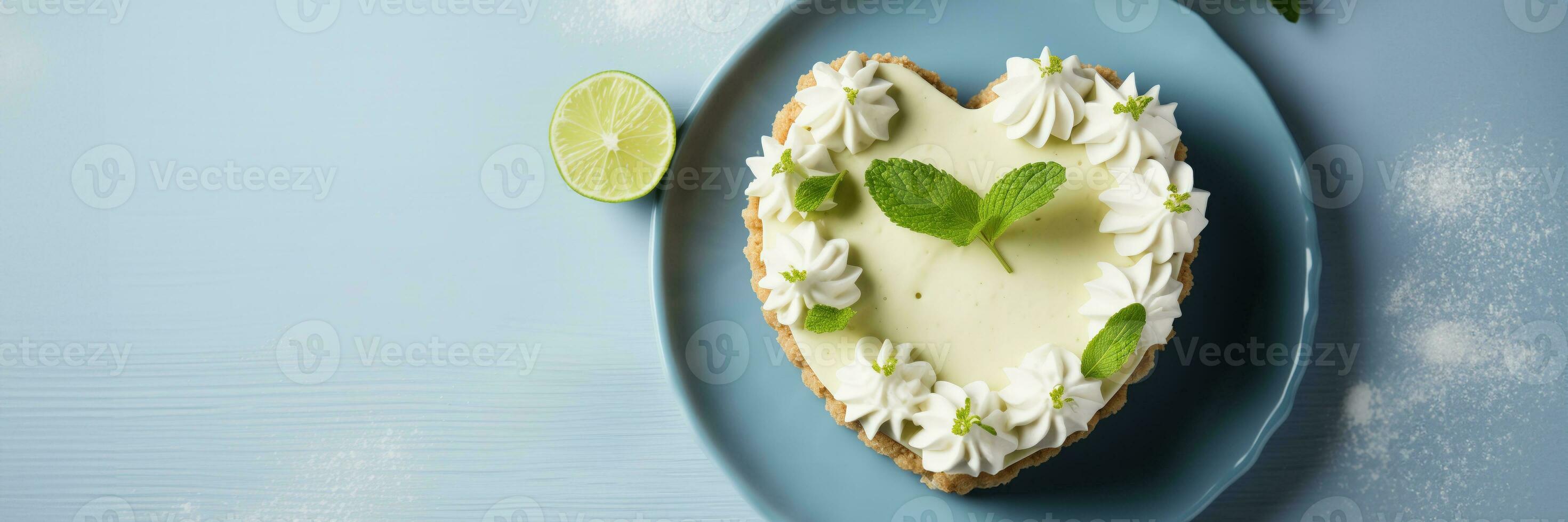 AI generated Handcrafted Key Lime Tart with Heart Shaped Topping on a Chic Periwinkle Blue Backdrop with Space for Text photo