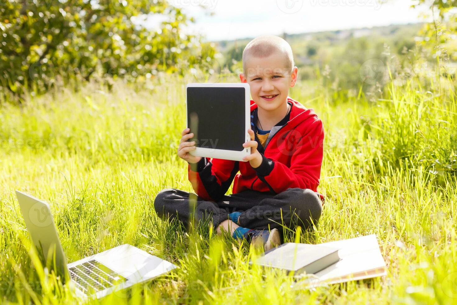 Distance learning. Boy learns autdoor laptop. Doing homework on grass. The child learns in the fresh air. The child's hands and computer photo
