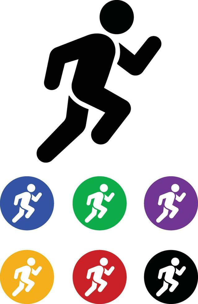 corriendo deporte hombre icono en plano circulo colocar. aislado en conteniendo corredor, carrera, finalizar, chico palo figura corriendo rápido y trotar elementos. símbolo vector para aplicaciones, sitio web
