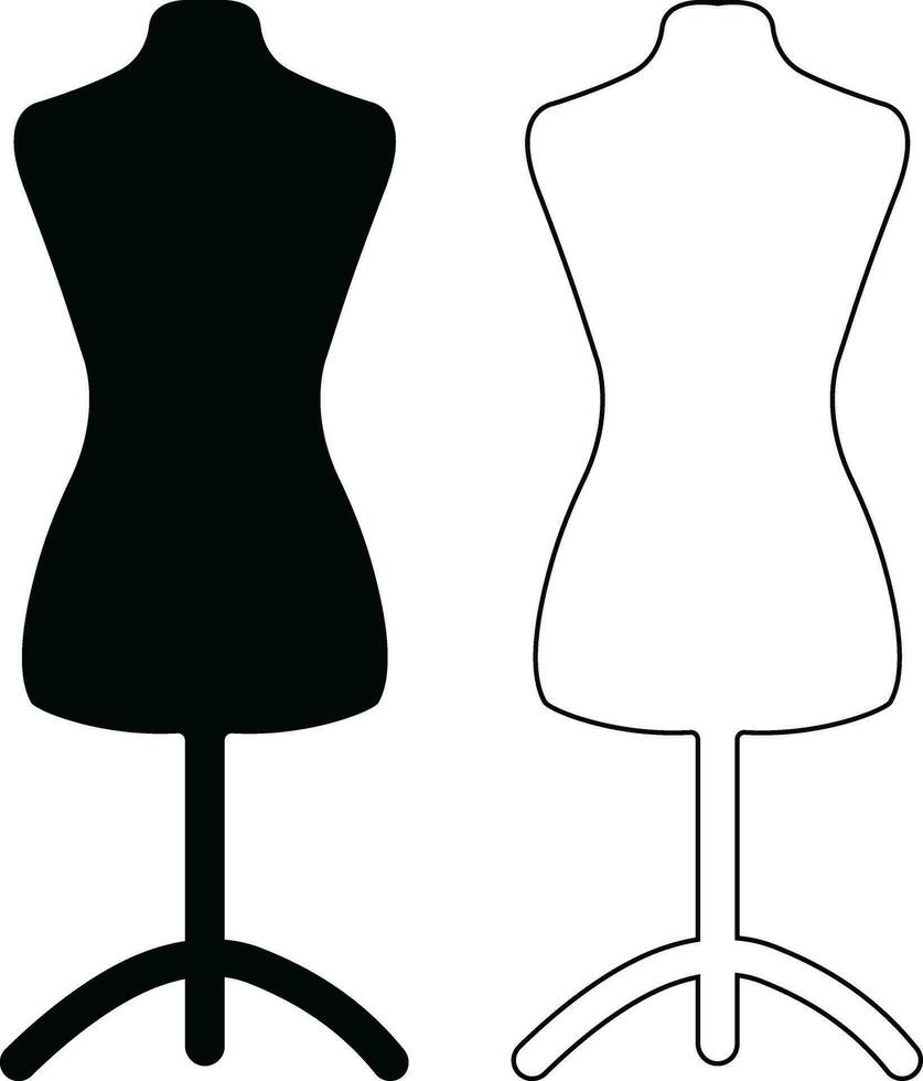 Plastic dummy on the stand icon in line, flat. Sewing or tailoring tools kit sign symbol mannequins realistic female forms dress stands isolated on transparent background vector for apps and website