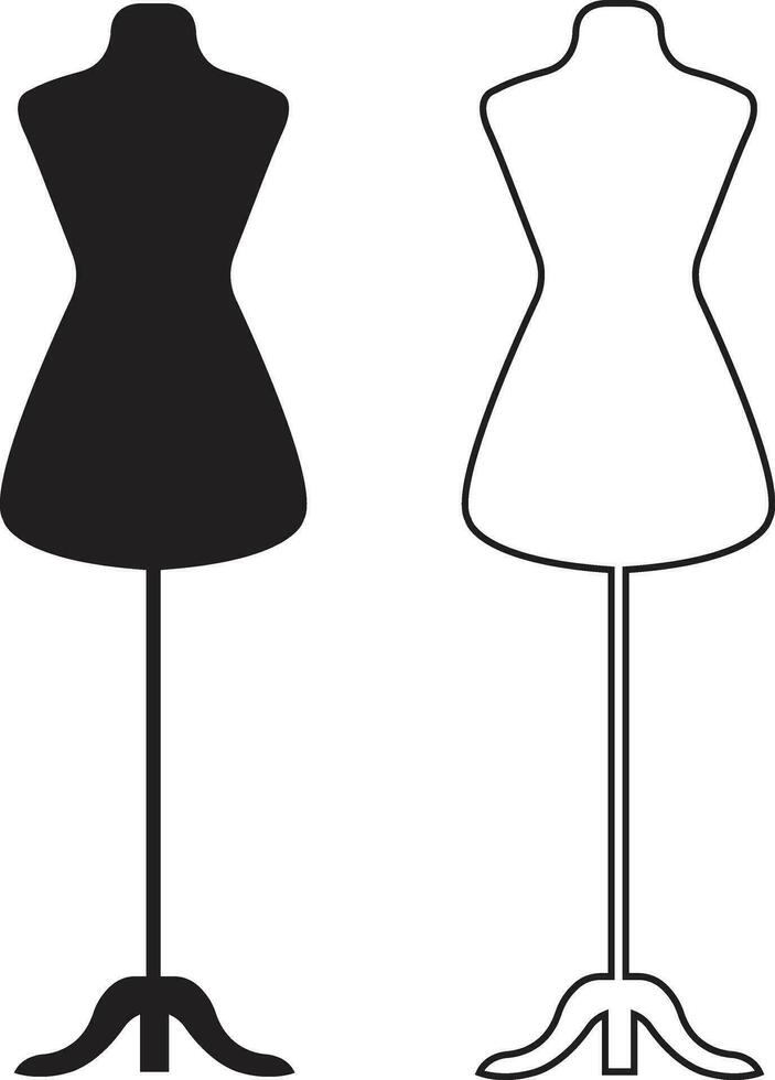 Plastic dummy on the stand icon in line, flat. Sewing or tailoring tools kit sign symbol mannequins realistic female forms dress stands isolated on transparent background vector for apps and website