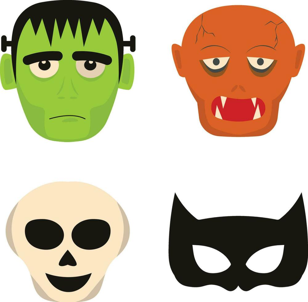 Halloween Mask With Cartoon Design. Vector Illustration Set.