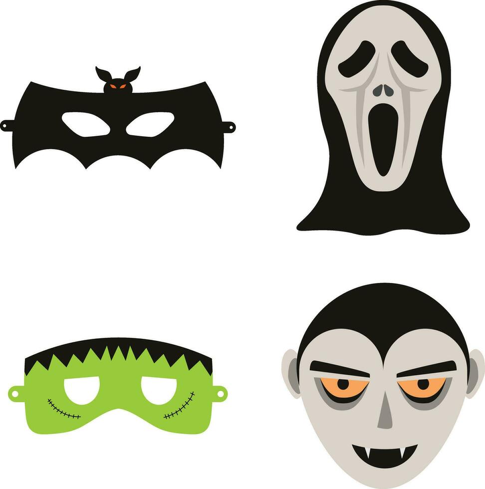 Halloween Mask With Cartoon Design. Vector Illustration Set.