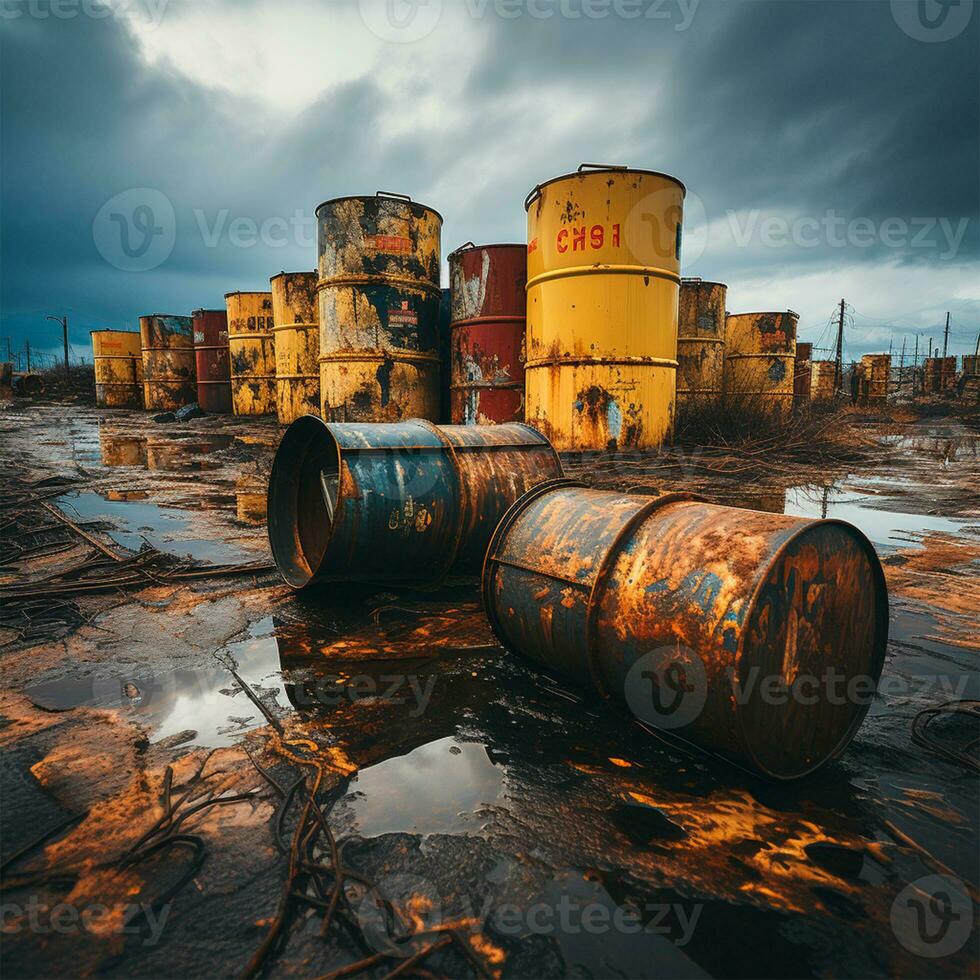 AI generated Old oil barrels, business concept, oil products and oil production warehouse - AI generated image photo