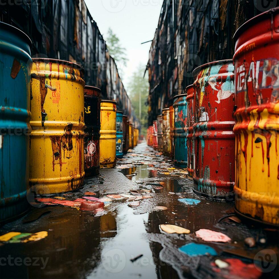 AI generated Old oil barrels, business concept, oil products and oil production warehouse - AI generated image photo