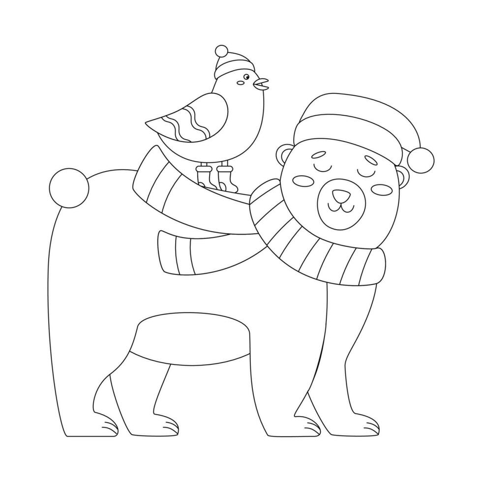 Set of Christmas bear with a red hat and scarf, birds in red hat. vector