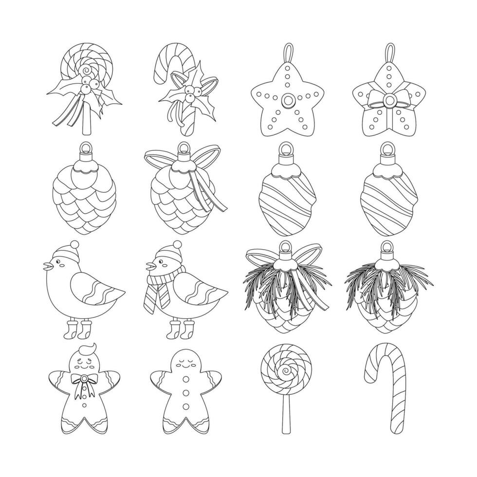 Set of Christmas toy, birds, lollipop, stick, pine cone, star, ribbons and bow. vector