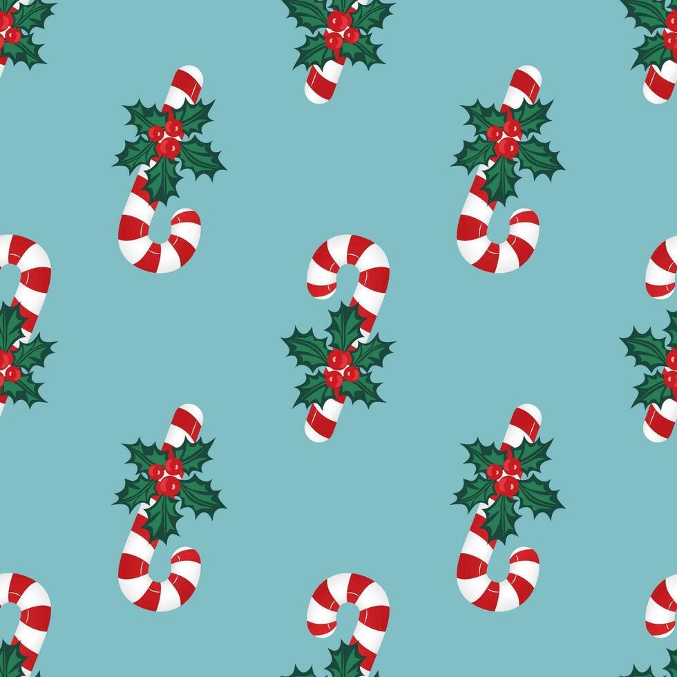 Red holly berries, Christmas striped candies on a blue background. Christmas seamless pattern. Vector illustration.