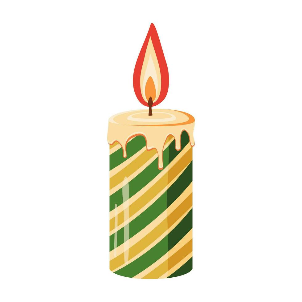 A lit decorative holiday candle with yellow and green stripes. Vector illustration.