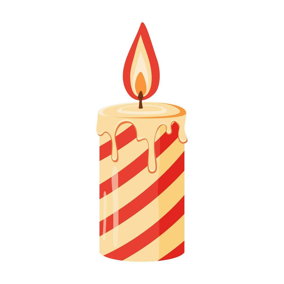 Wax lit candle. Decorative candle with red stripes. Vector illustration.