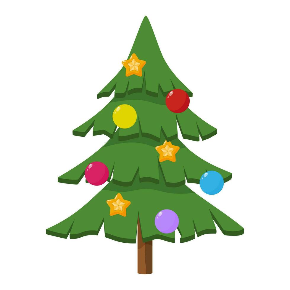 Christmas tree with ornaments. Christmas or New Year decorated tree. Vector illustration.