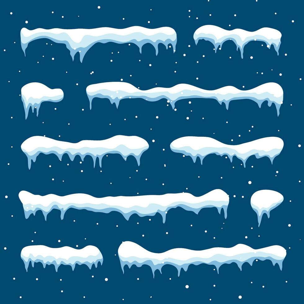 Snow cap set on blue background. Snowy elements in cartoon style on winter background. Vector illustration