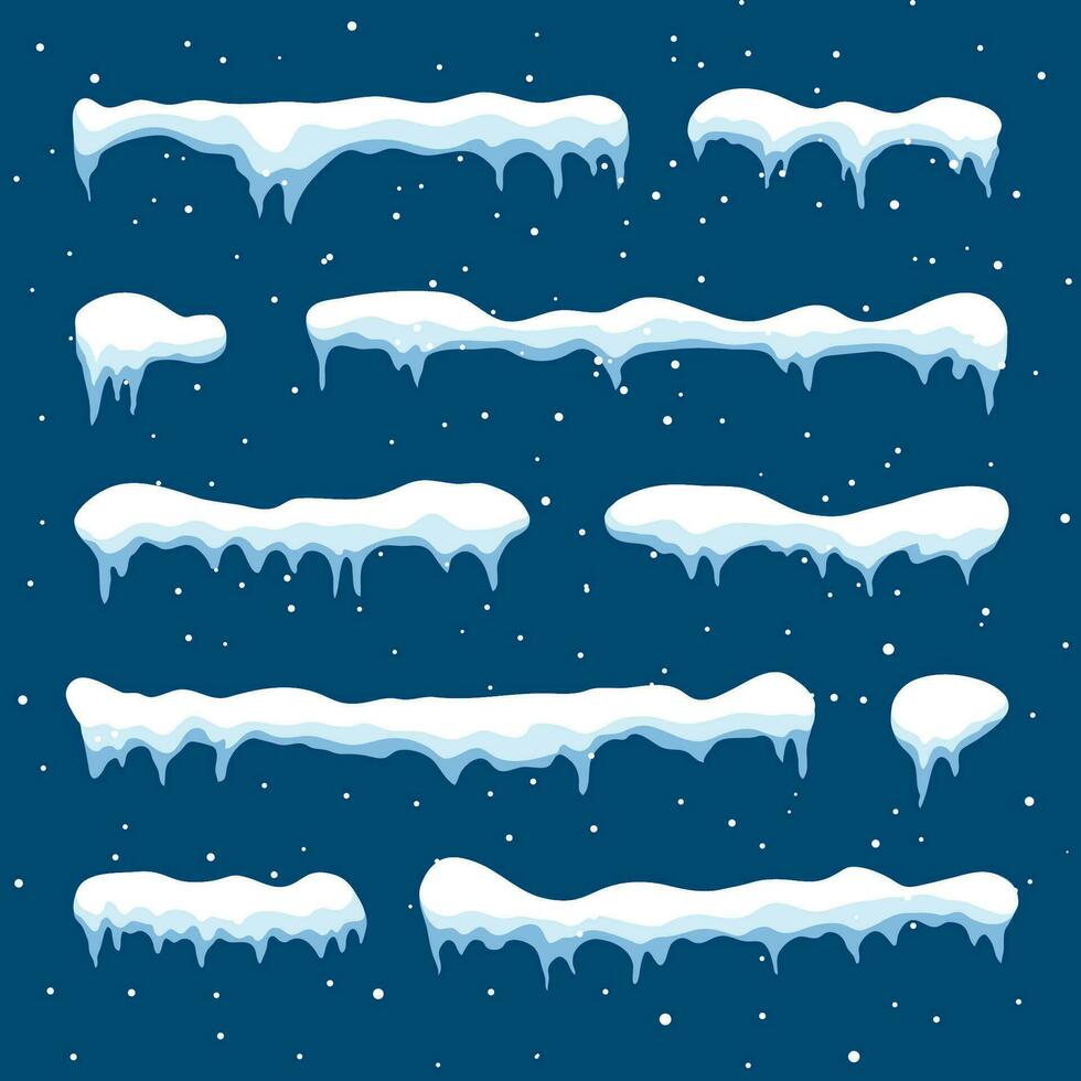 nieve gorra conjunto en azul antecedentes. Nevado elementos en dibujos animados estilo en invierno antecedentes. vector ilustración