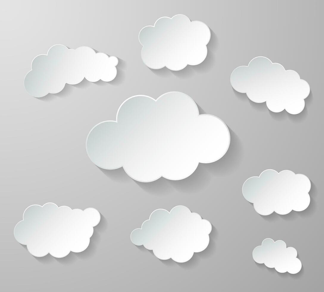 Paper clouds on gray background. Floating clouds. Vector illustration