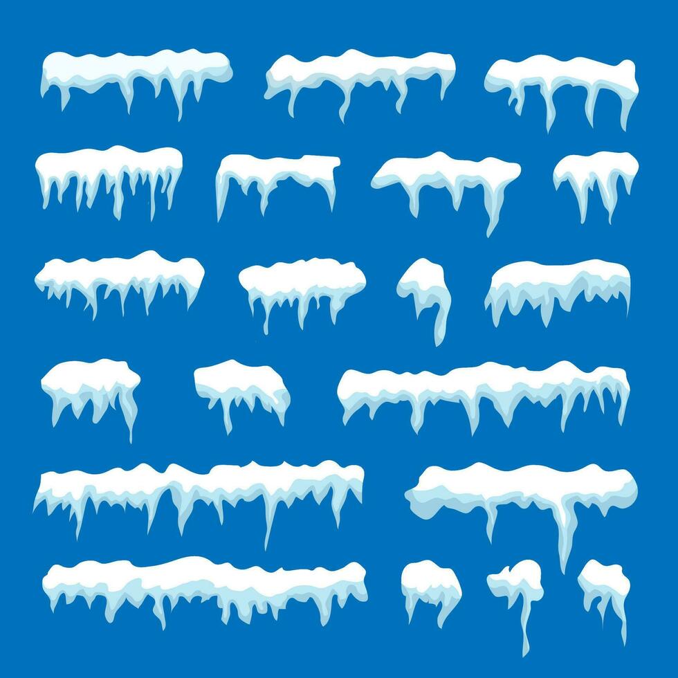 Snow cap set on blue background. Snowy elements in cartoon style on winter background. Vector illustration