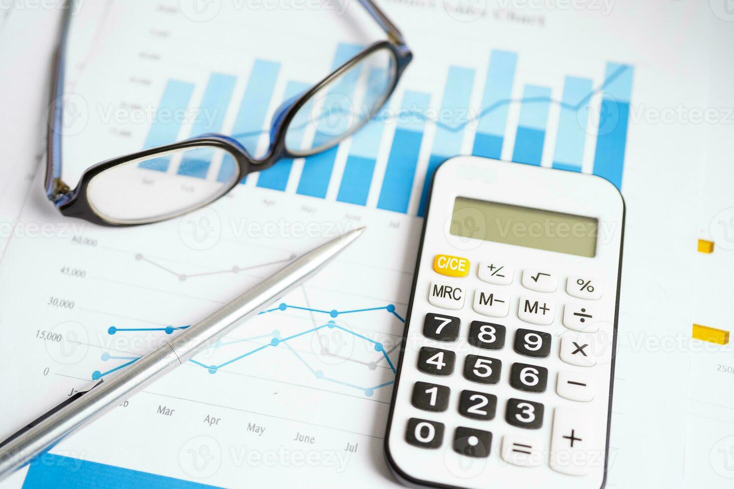 Calculator on chart graph paper. Finance, account, statistic, investment data economy, stock exchange business. photo