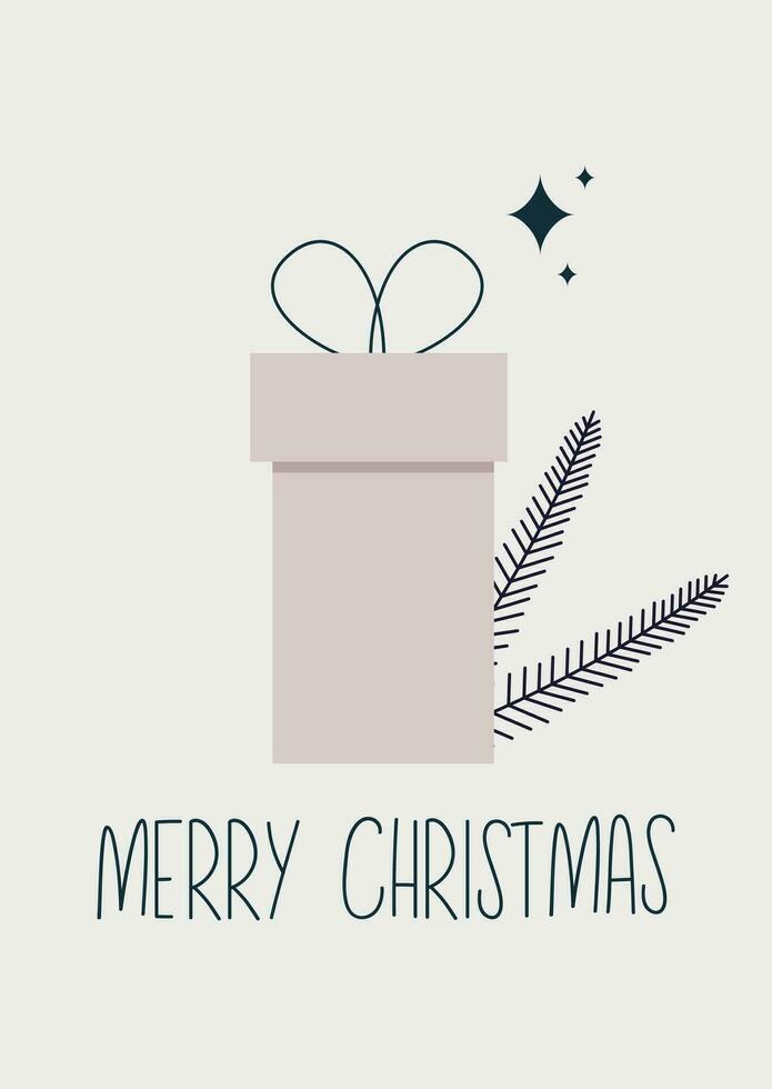 Merry Christmas greeting card with simple gift box and tree branch and lettering. Hand drawn vector