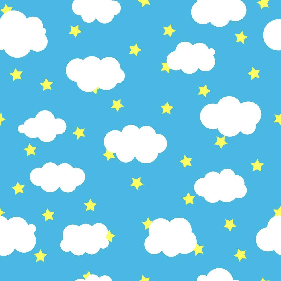 sin costura nubes con amarillo estrella en azul antecedentes. flotante nubes vector ilustración