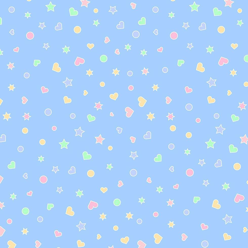 Scrapbook pattern. Dots, hearts and stars on blue background. Simple ornament. Vector illustration
