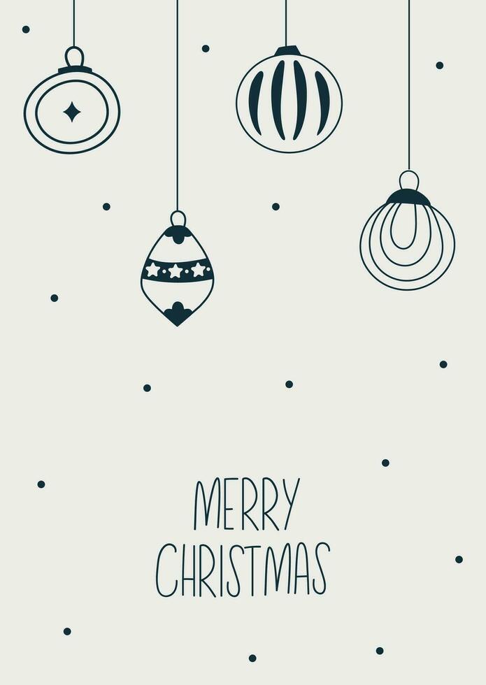 Merry Christmas greeting card with simple balls and  lettering. Hand drawn vector