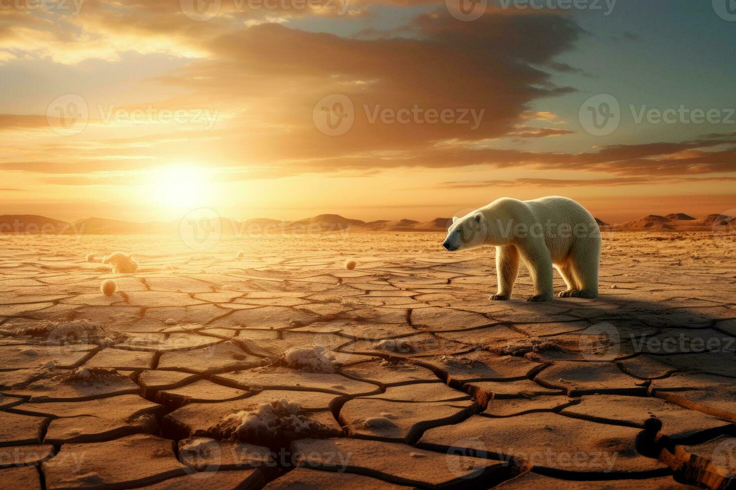 AI generated Conceptual image featuring a polar bear in a setting related to global warming. Generative AI photo