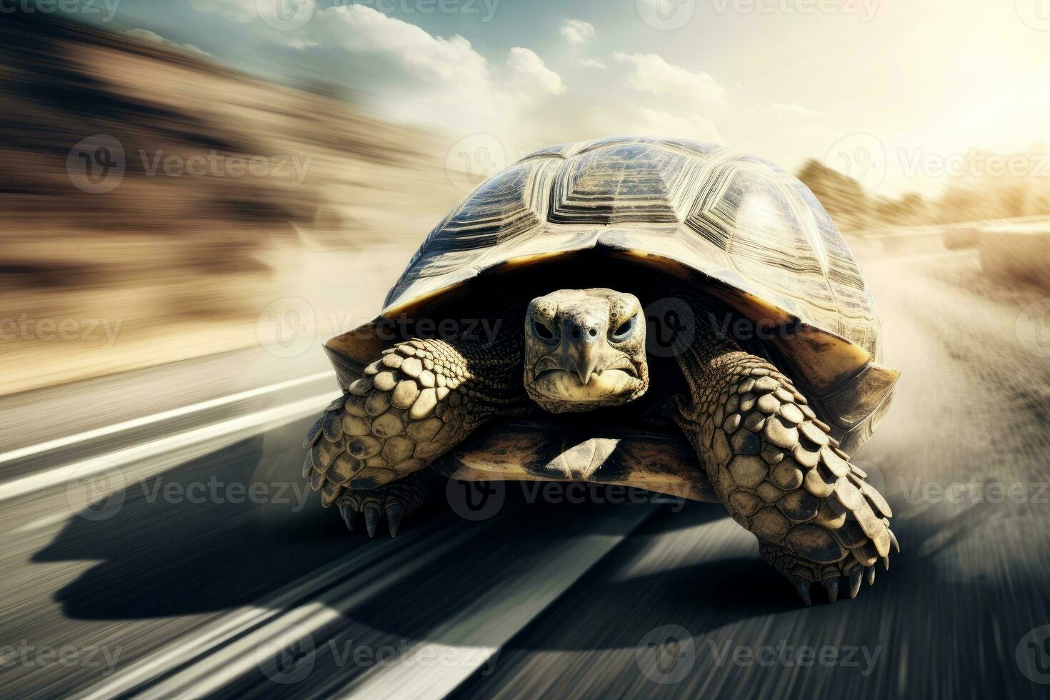 A Turtle dashes at full speed a city street, generative AI photo