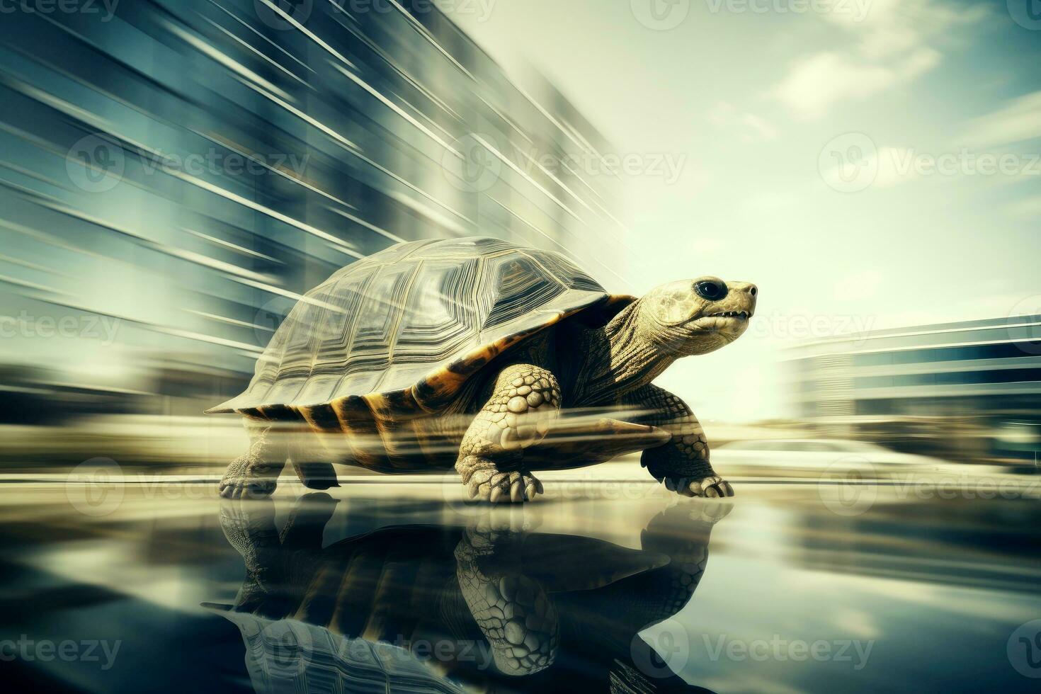 A Turtle dashes at full speed a city street, generative AI photo