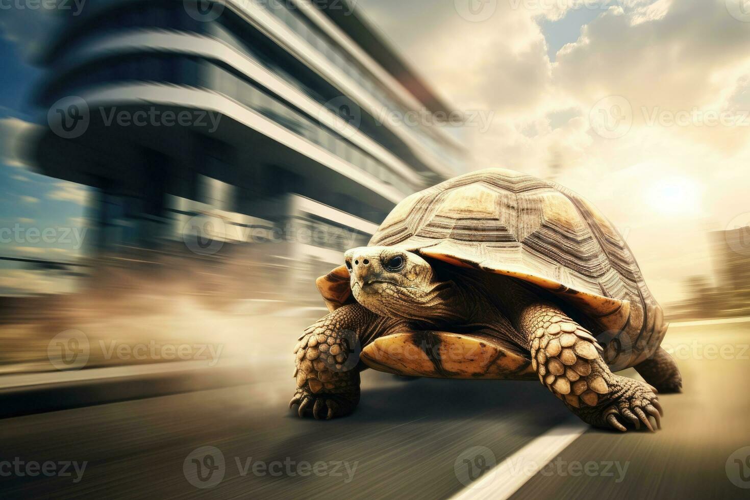 A Turtle dashes at full speed a city street, generative AI photo