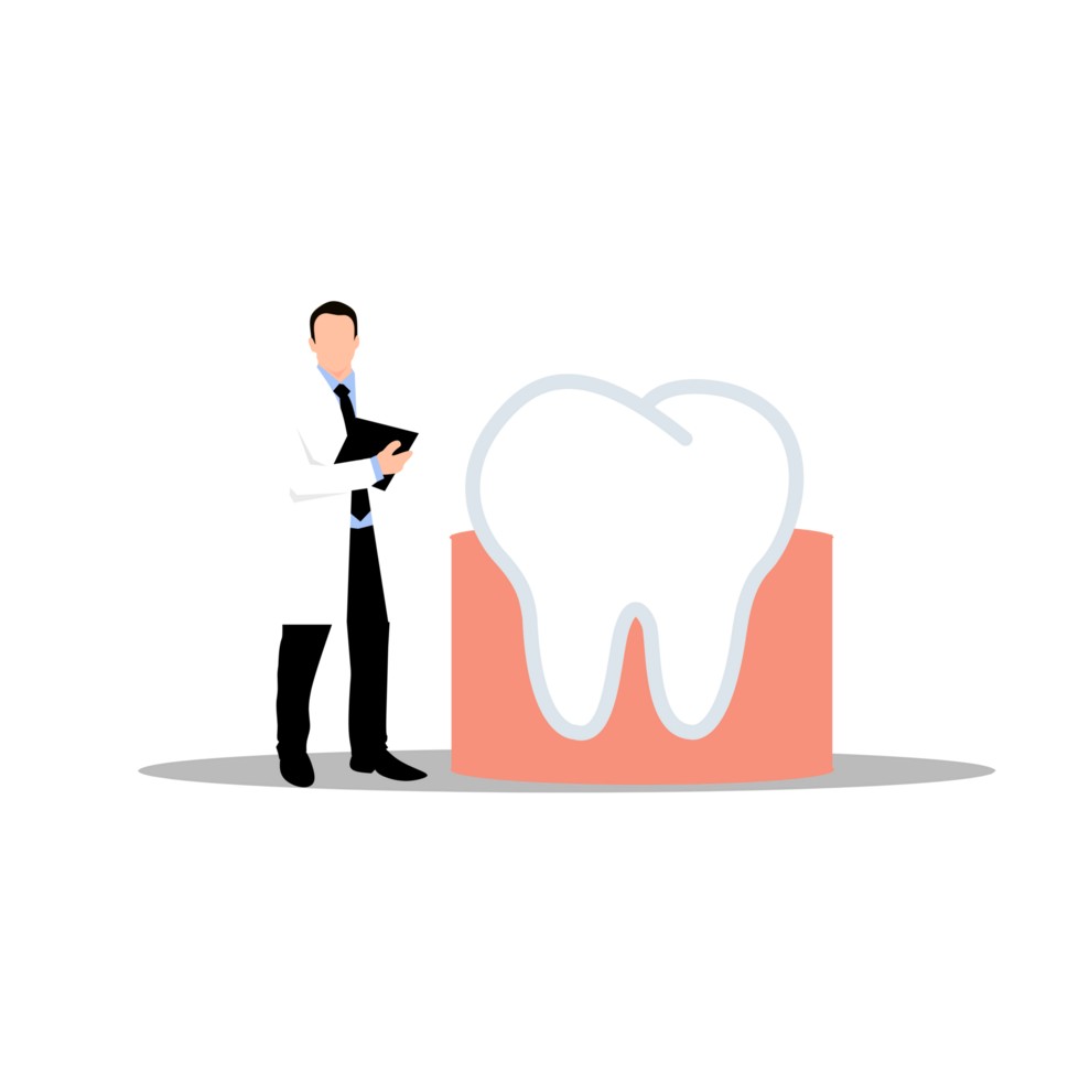 a man in a lab coat is standing next to a tooth png