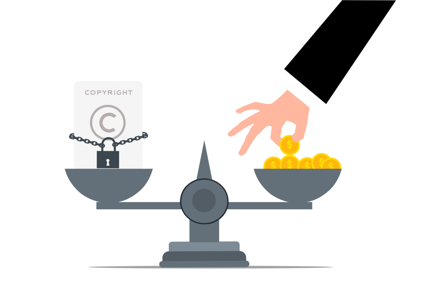 a hand holding a coin on a balance scale with a sign that says copyright png